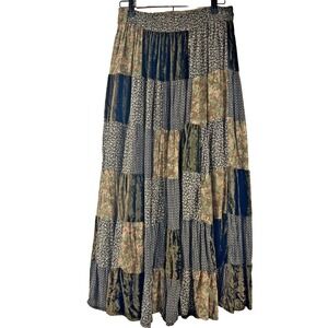 Dark Patchwork Extra Full Maxi Skirt M Velvet Brown Green Boho Festival Cottage